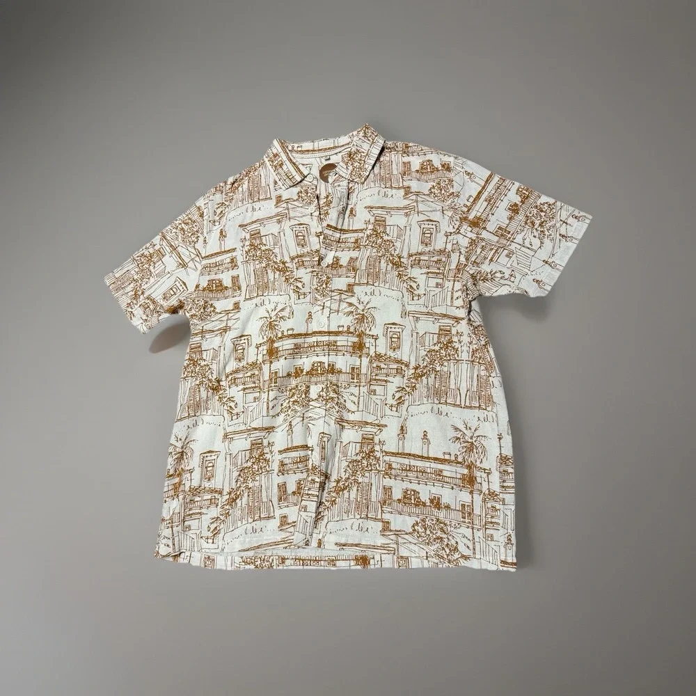 Common People Plate Tan Beige Hawaiian Scene Short Sleeve Shirt Size XLarge NWOT